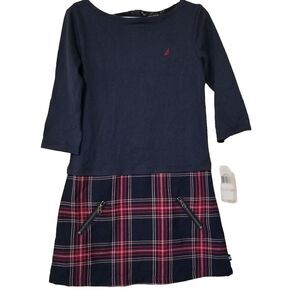 Nautica Girls Dress Size 6 Navy Blue Plaid Bottom Long Sleeve Uniform NWT